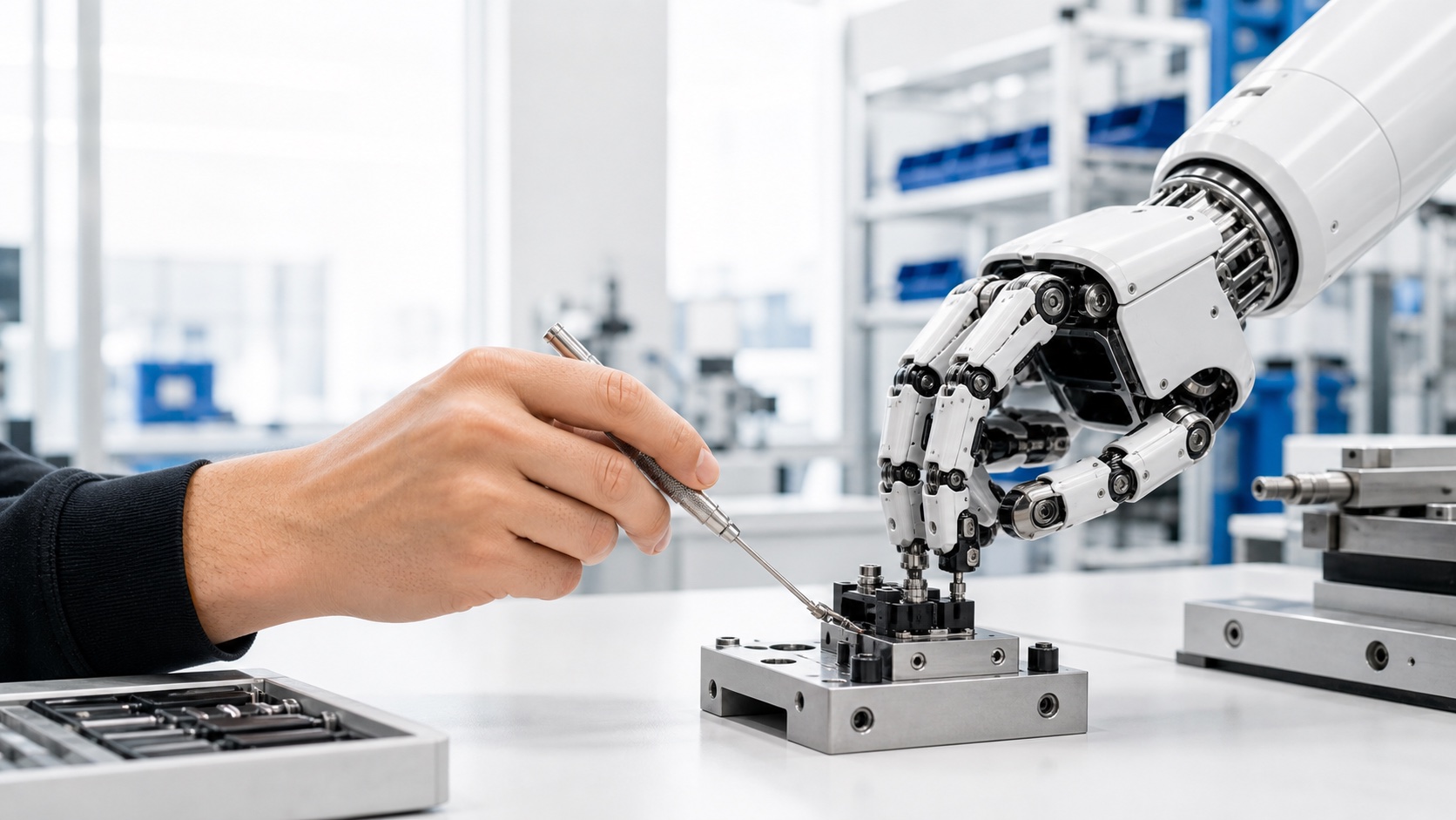 A human hand and a robotic hand performing precise assembly work
