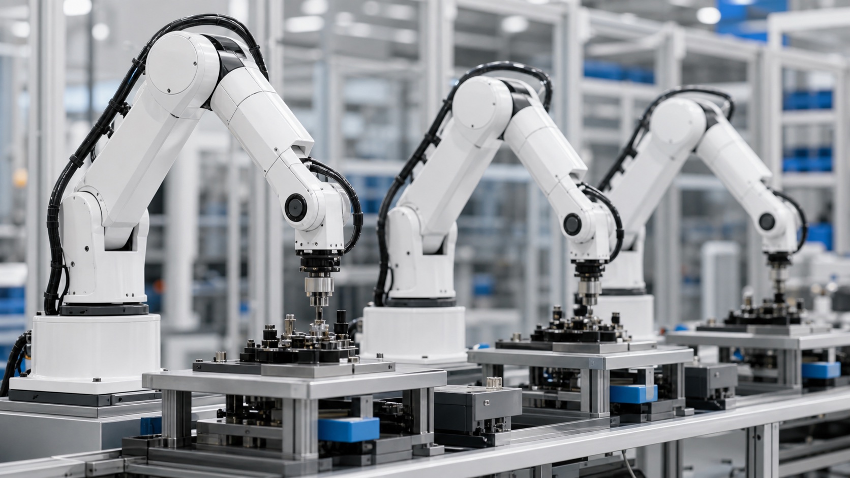 Multiple robotic arms working on an assembly line